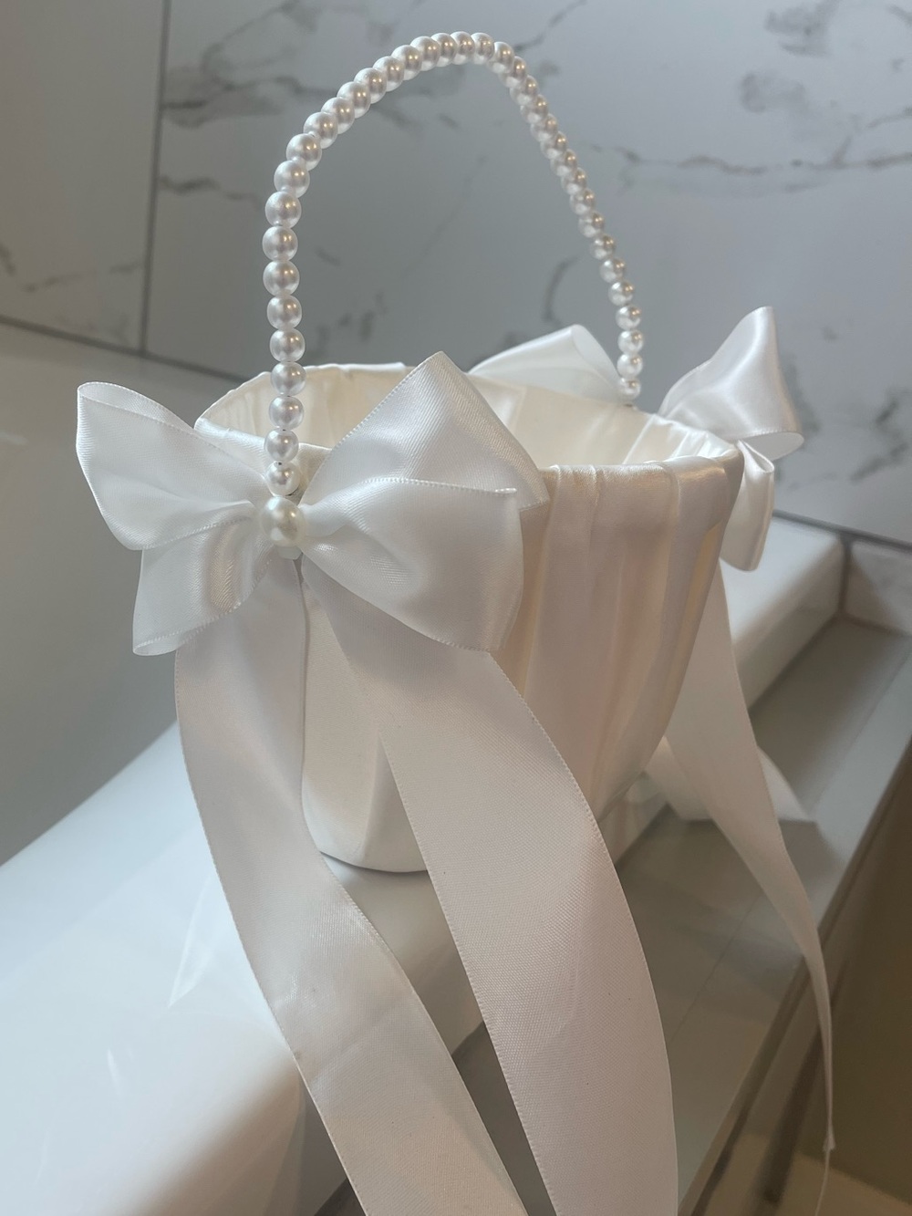 JJ’s House White Tulle Flower Girl Dress with Pearl Trim and basket - Picture 7 of 11